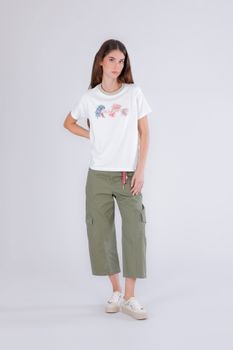 camiseta con logo y canalé de lurex en el escote off white