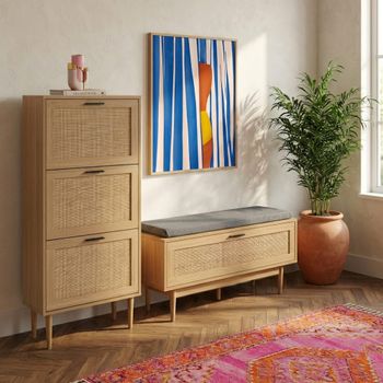 Mueble zapatero efecto roble y ratán 60cm