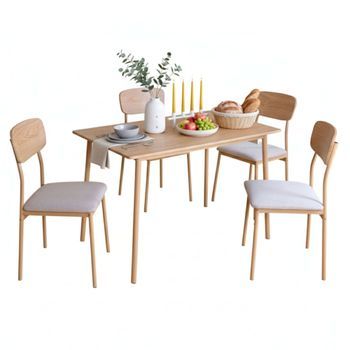 Conjunto Mesa Comedor Vex En Color Roble Claro Y Champagne Con 4 Sillas Metal Y Madera 110x76,4x70 Cm