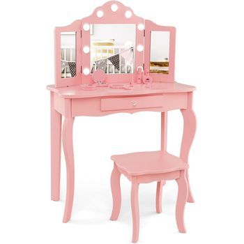 Tocador De Maquillaje Para Niña Con Taburete, Costway 70 X 34 X 104 Cm Rosa