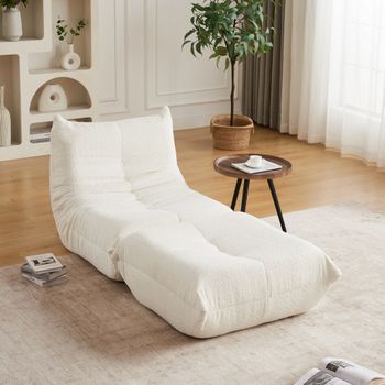 Sillón De Suelo Beige De Chenilla, Espuma De Alta Densidad Y Reposapiés Integrado