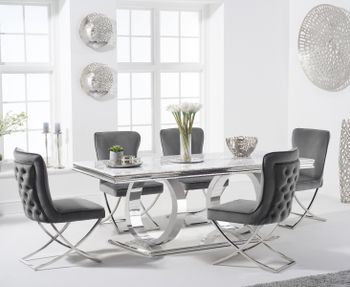 Harlow 180cm Marble Dining Table with Giovanni Velvet Chairs - Grey, 6 Chairs