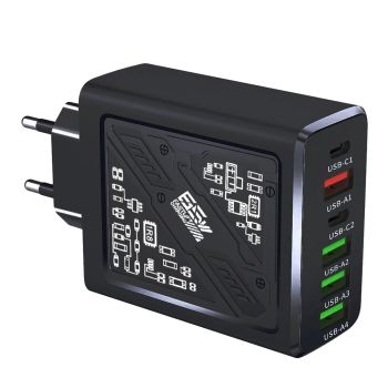 LYK-880 65W Cargador USB PD de 6 puertos 4USB-A+2USB-C Adaptador de carga rápida de pared EU para iPhone 16 16 Pro 15 14