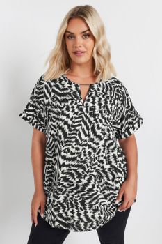 Yours Blusa Blanca Y Negra Estampada Escote De Muesca, Mujer Curvy Y Tallas Grandes, Yours