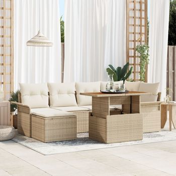 Conjunto De Comedor De Jardín De 7 Piezas Con Cojines En Ratán Polibéige De V4714 Unico / Beige