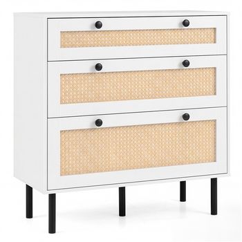 Costway Cajonera Espaciosa con Tres Cajones de Mimbre Patas Metálicas Capacidad Superficie 60 kg para Dormitorio y Salón 75 x 35 x 77,5 cm Blanco