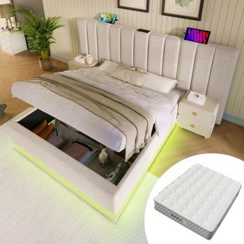 Cama Canapé 180x200 Cm Con Cabecero Grande - Leds + Carga Usb Y Tipo C - Tejido De Lino - Sin Mesita De Noche - Beige (con Colchón)