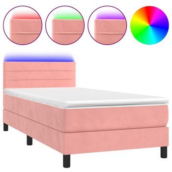 Cama Individual | Cama Para Adultos | Cama Box Spring Colchón Y Led Terciopelo Rosa 80x200 Cm