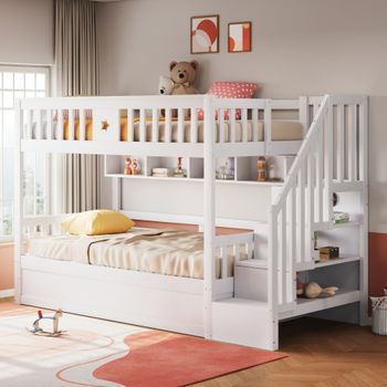 Cama Litera De Madera Blanca 90x200 Cm Con Escalera De Almacenamiento, Estanterías Y Cama Inferior Hidráulica, Para Adolescentes