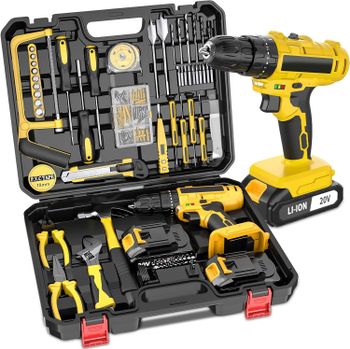 Juego de Herramientas de Taladro Inalámbrico de 148 Piezas, Taladro Eléctrico de 20 V con Luz LED, Batería Recargable, Juego de Herramientas Manuales para Reparaciones en el Hogar