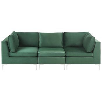 Sofá 3 Plazas De Terciopelo Verde Asiento Patas Metal Glamour Evja