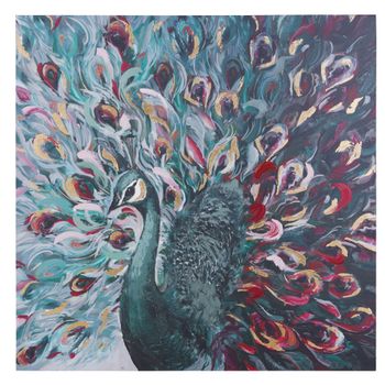 Cuadro impreso y pintado, pavo real multicolor, 110 x 110 cm
