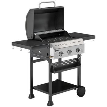 Outsunny Barbacoa de Gas con 3 Quemadores y Ruedas Termómetro Parrilla Mesas Laterales Plegables Estante 123x57x102 cm Negro   Aosom España