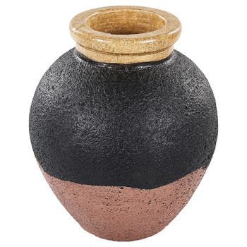 Jarrón De Terracota Negro Rosa Dorado 31 Cm Hecho Pintado A Mano Vintage Daulis