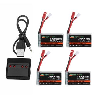 4 PCS XF POWER 3.7V 1200mAh 25C 1S Batería LiPo con enchufe JST y cargador de batería para RC Drone