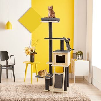Árbol Para Gatos De 175 Cm Con Postes De Sisal Y Tablero Rascador De 6 Pisos Alfombra Felpa Actividades Gris