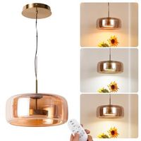 lampara colgante led o38cm 25w regulable con mando  cristal ambar y anillo metalico  2700k-6500k  diseno moderno