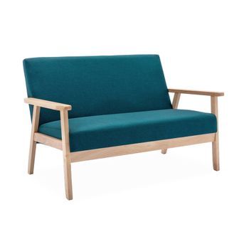 Sofá O Banco Con Tela Y Patas De Madera, 2 Plazas, Azul Esmeralda