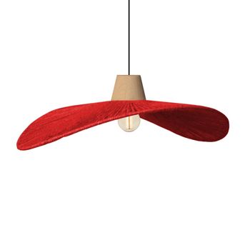 Lámpara de suspensión  metal y madera natural pantalla hilo rojo