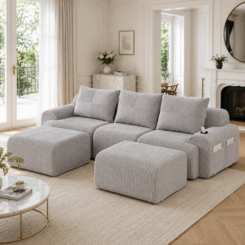 Sofá Modular De 3 Plazas Con 2 Pufs - Muebles De Salón - Pana - Gris Claro (268x174x80cm)