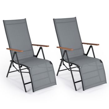Costway Juego de 2 Tumbonas Plegables con Respaldo Ajustable 5 Posiciones Reposabrazos Tejido Transpirable para Balcón Jardín Piscina 150kg Gris