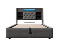 cama tapizada 90x200 cm - con canape hidraulico iluminacion led puerto usbtype-c cabecero con estanteria y almacenamiento - gris