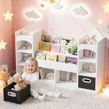 Estantería Infantil Para Libros, Blanca, 130 X 30 X 90 Cm, Con 2 Cajas Plegables