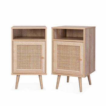 Mesita De Noche Escandinava Con Efecto Madera Y Caña, Set De 2,