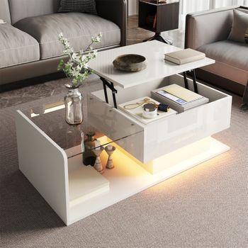 Mesa De Centro Elevable Blanca Con Luz Led, Cristal Templado Y Almacenaje