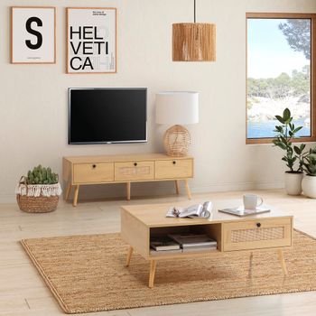 Mueble tv bella 3 puertas color roble con ratán natural