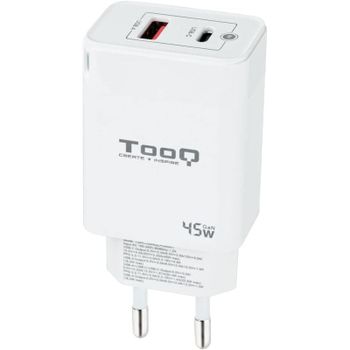 TooQ TQWC-GANQCPD45WT Cargador de Pared Dual USB-C/USB 2.0 45W Blanco