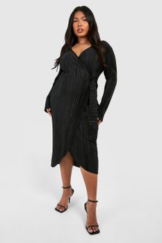 Vestido Plus Midi Cruzado Plisado, Negro