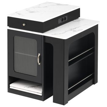 Mesa De Comedor Extensible Con Ruedas, Tablero Efecto Mármol Y Enchufes Integrados