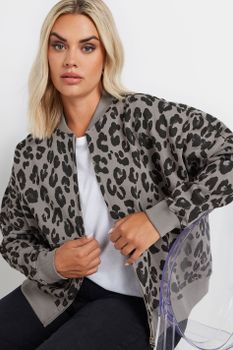 Yours Curve Grey Leopard Print Oversized Sweat Bomber Jacket, Mujer Curvy Y Tallas Grandes, Yours