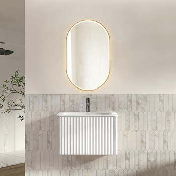 Conjunto De Mueble De Baño Blanco De 60 Cm Con Lavabo Integrado Y Espejo Led Ovalado