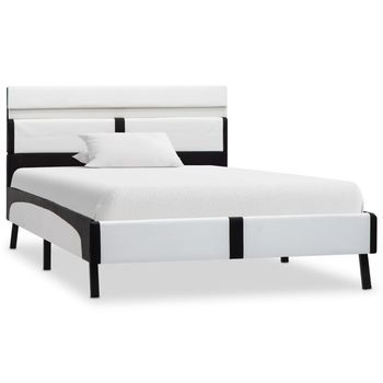 Cama Individual | Estructura Cama Con Led Cuero Sintético Blanco Negro 90x200 Cm Cfw66008