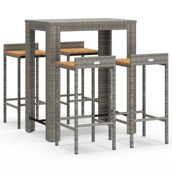 Conjunto Mesa Bar Y Taburetes Jardín 5 Uds Madera Acacia Ratán Pe Gris