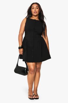 Vestido Plus Mini Skater Con Botones, Negro