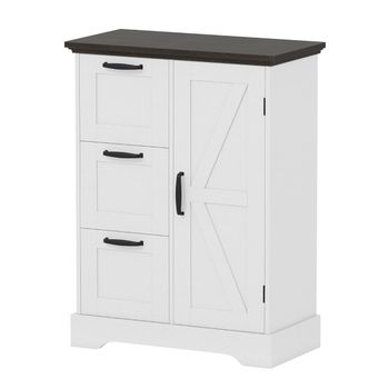 Costway Armario de Suelo Mueble de Granja con Puerta de Granero y 3 Cajones de Almacenaje Aparador Buffet Independiente con Kit Antivuelco Blanco