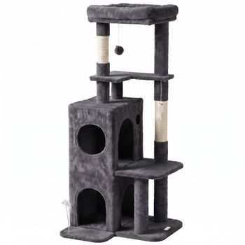 PawHut Árbol Rascador para Gatos Alto 132 cm con 2 Postes de Sisal Cama Casita de 2 Niveles y Posadero Gris Oscuro   Aosom España