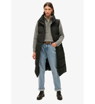Superdry para mujer. W5011803A Chaleco acolchado de línea larga negro (L), Casual, Poliéster Reciclado, Sostenible