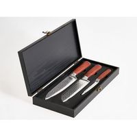 conjunto de 3 cuchillos de cocina modernos afilados a mano dureza 62 hrc acero inoxidable de damasco marron kashiwa