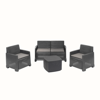 Conjunto De Jardín 2 Sillones + Sofá 2 Plazas + 4 Cojines + Mesa Auxiliar De Polipropileno Como - Ipae Progarden. Antracita