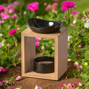 Quemador de perfume bambú y cuenco en cerámica lacada negra - h12cm