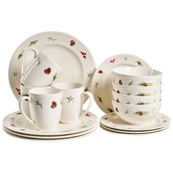 Vajilla De 16 Piezas De Porcelana Hecha A Mano Con Acabado De Esmalte Reactivo Motivo Navidad Blanco Marjoram