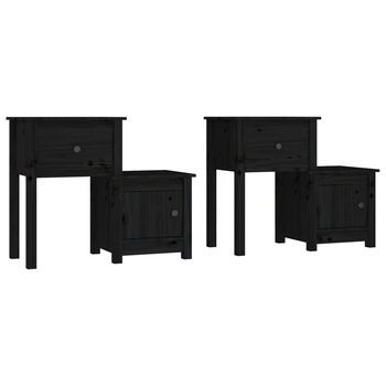 Pack 2 Uds Mesitas De Noche | Mesa Auxiliar | Mesilla Madera De Pino Negro 79,5x38x65,5 Cm
