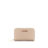 cartera de doble cremallera con efecto saffiano y letras taupe