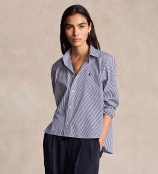 Polo Ralph Lauren para mujer. 211891419001 Camisa recortada de algodón con rayas azul (XXS), Casual, Manga larga