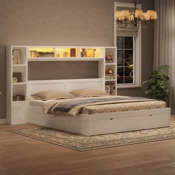 Cama Con Almacenaje 140x200 Cm, Blanca, Con Cabecero, Piecero Y Siete Cajones