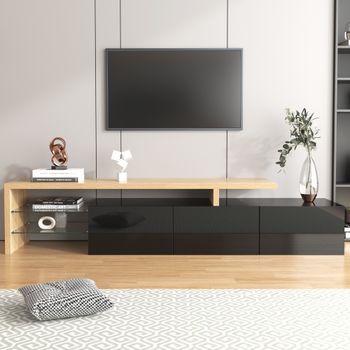 Mueble Para Tv Con Almacenamiento, Estantes De Cristal E Iluminación Led - Mdf Y Cristal - Negro Y Madera Natural (197,5 X 39 X 42 Cm)